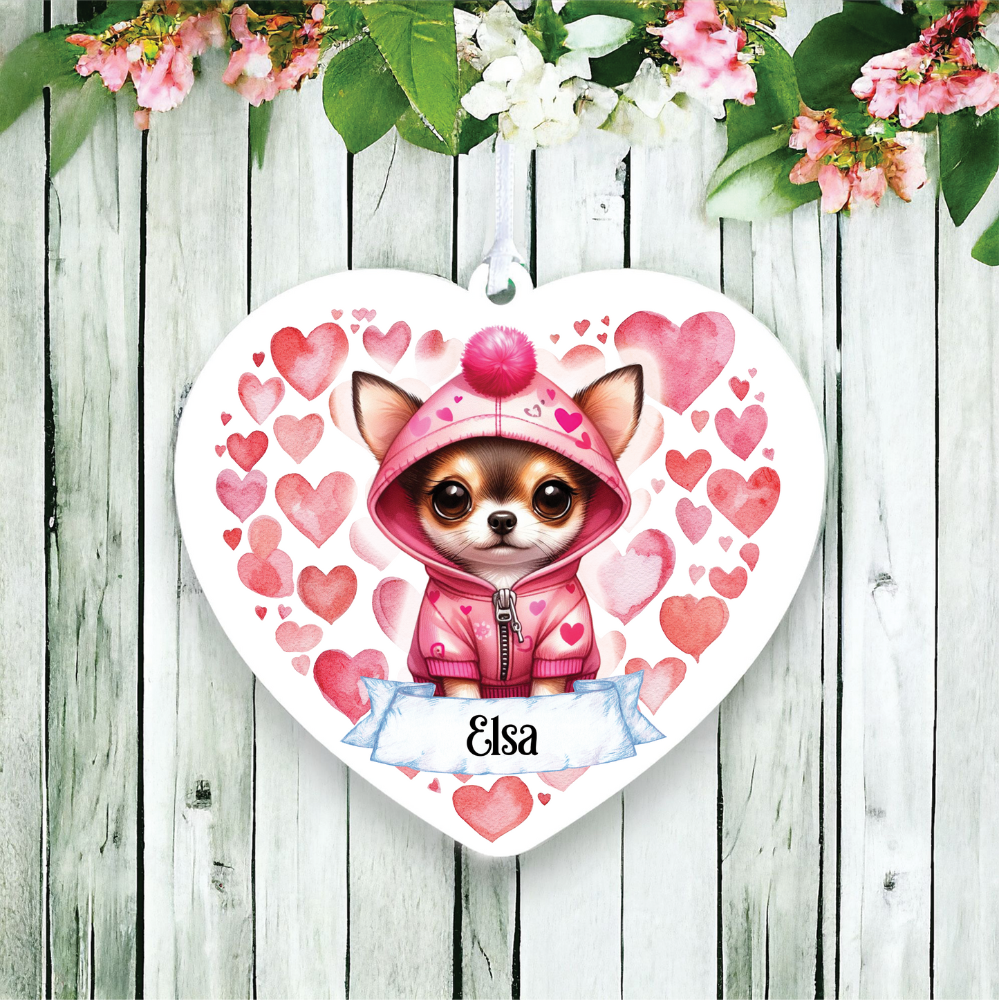 Personalised Chihuahua Pink Heart Hoodie Decoration