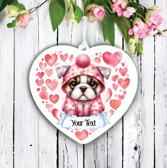 Personalised Bulldog Pink Heart Hoodie Decoration