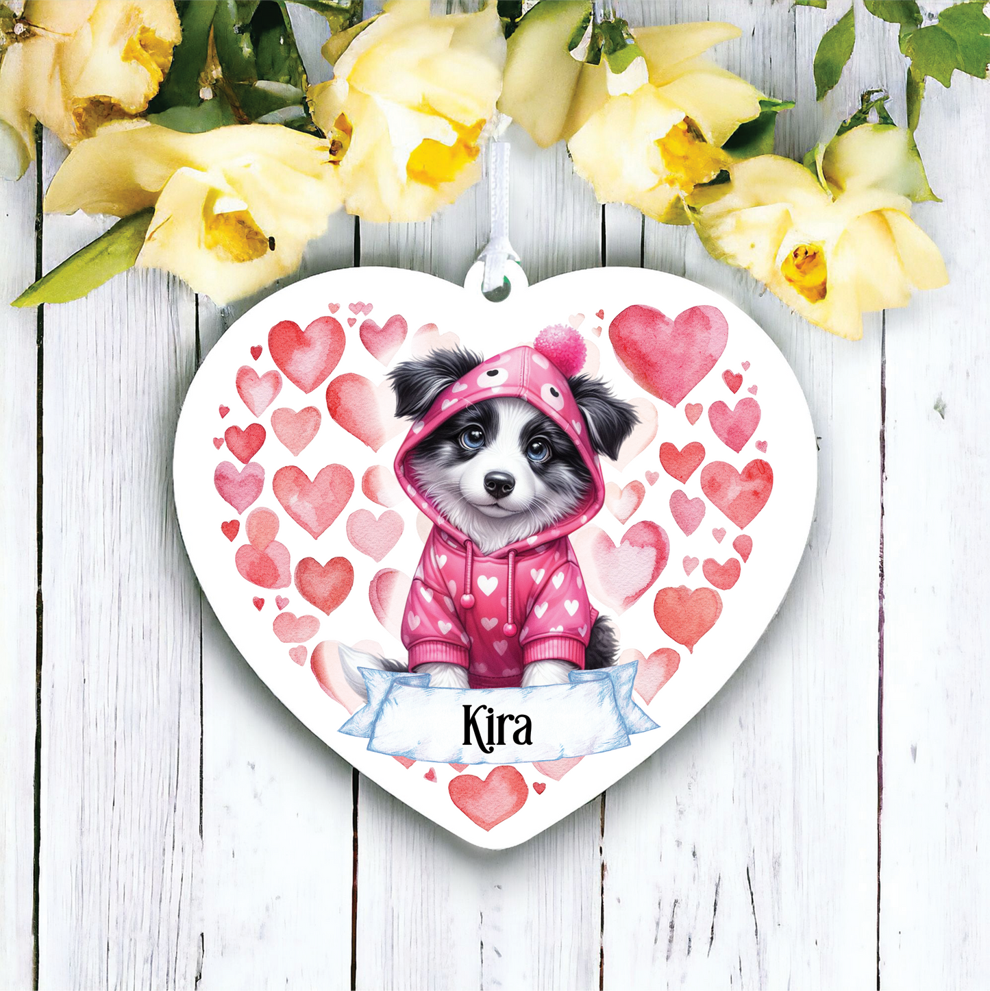 Personalised Border Collie Pink Heart Hoodie Decoration