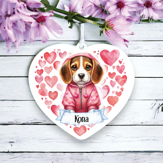 Personalised Beagle Pink Heart Hoodie Decoration