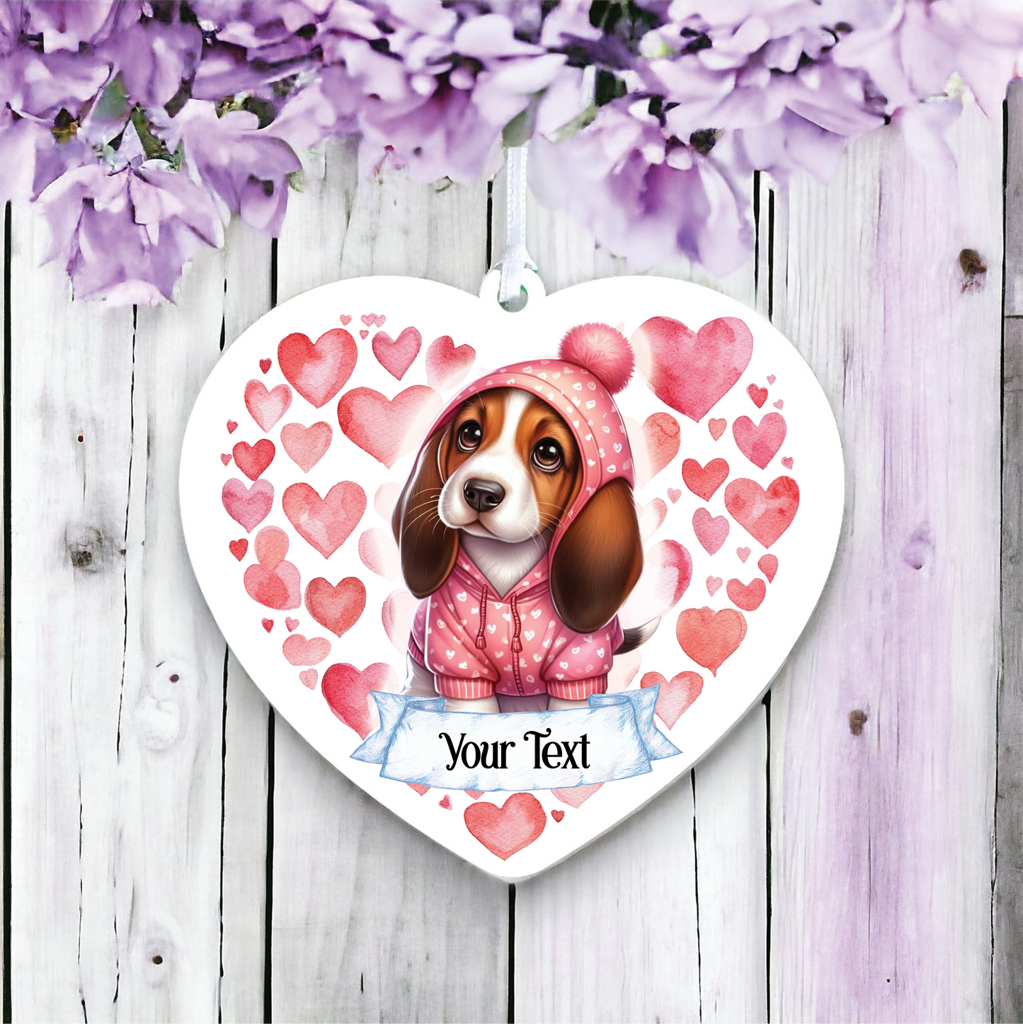 Personalised Basset Hound Pink Heart Hoodie Decoration