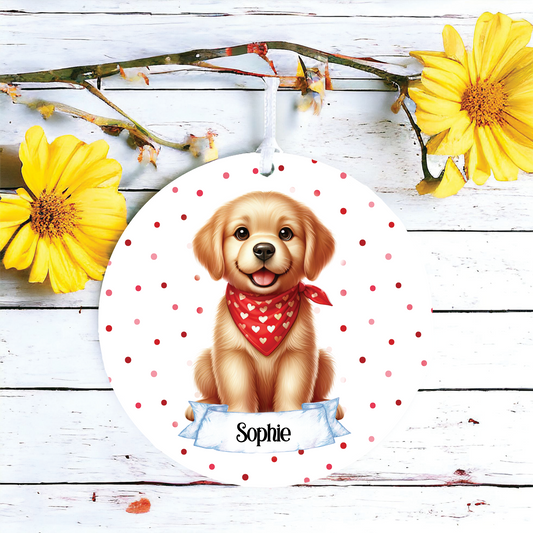 Personalised Cute Golden Retriever In Red Bandana Decoration