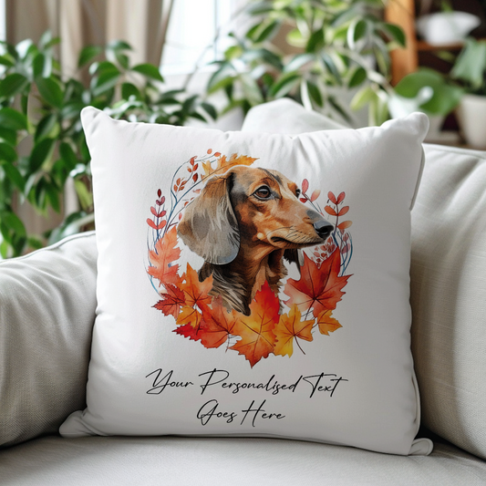 Personalised Dachshund in an Autumn wreath - Keepsake Gift cushion, by Floppsie Moppsie – floppsiemoppsie at floppsiemoppsie.co.uk