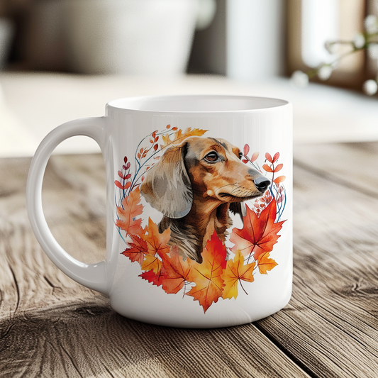 Personalised Dachshund in an Autumn wreath - Keepsake Mug, ideal gift for Birthday and Christmas Gift, by Floppsie Moppsie – floppsiemoppsie at floppsiemoppsie.co.uk