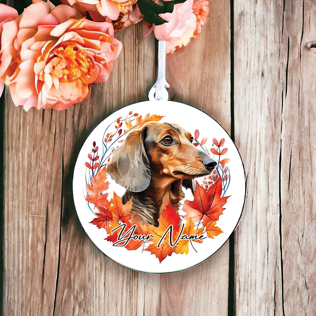 Personalised Dog Dachshund in an autumn wreath - Keepsake Gift Hanging Decoration, by Floppsie Moppsie – floppsiemoppsie at floppsiemoppsie.co.uk