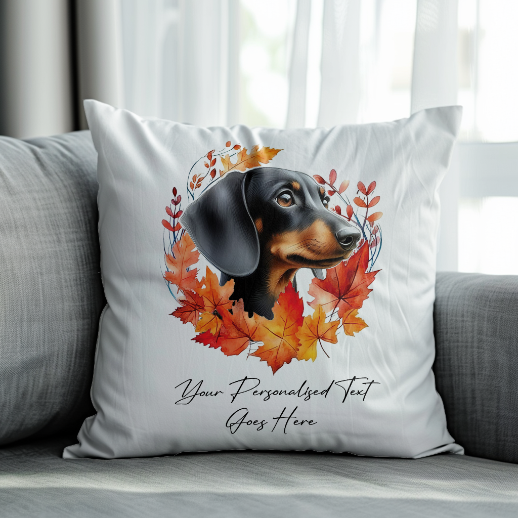 Personalised Black and Tan Dachshund in an Autumn wreath - Keepsake Gift cushion, by Floppsie Moppsie – floppsiemoppsie at floppsiemoppsie.co.uk