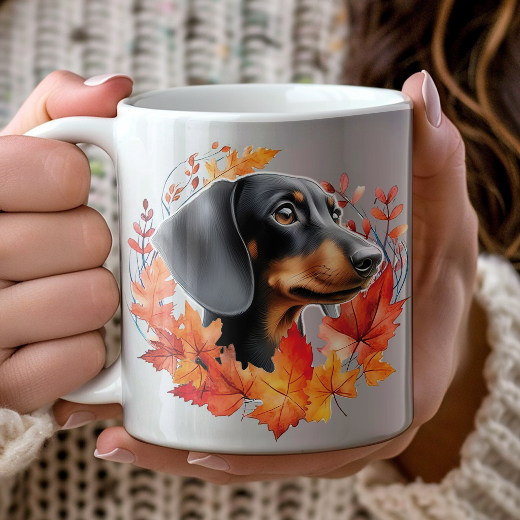 Personalised Black and Tan Dachshund in an Autumn wreath - Keepsake Mug, ideal gift for Birthday and Christmas Gift, by Floppsie Moppsie – floppsiemoppsie at floppsiemoppsie.co.uk