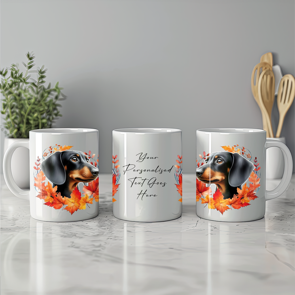 Personalised Black and Tan Dachshund in an Autumn wreath - Keepsake Mug, ideal gift for Birthday and Christmas Gift, by Floppsie Moppsie – floppsiemoppsie at floppsiemoppsie.co.uk