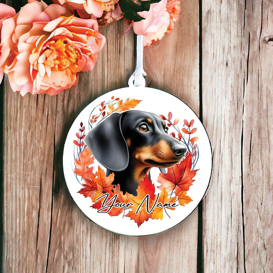 Personalised Dog Black and Tan Dachshund in an autumn wreath - Keepsake Gift Hanging Decoration, by Floppsie Moppsie – floppsiemoppsie at floppsiemoppsie.co.uk