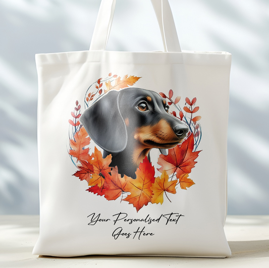 Personalised Dog Autumn Wreath Black and Tan Dachshund Tote Bag