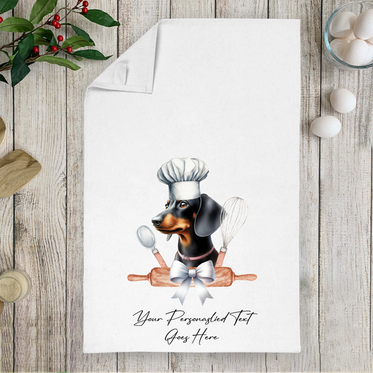 Personalised Dog In Chef Hat Gift Tea Towel - Black and Tan Dachshund