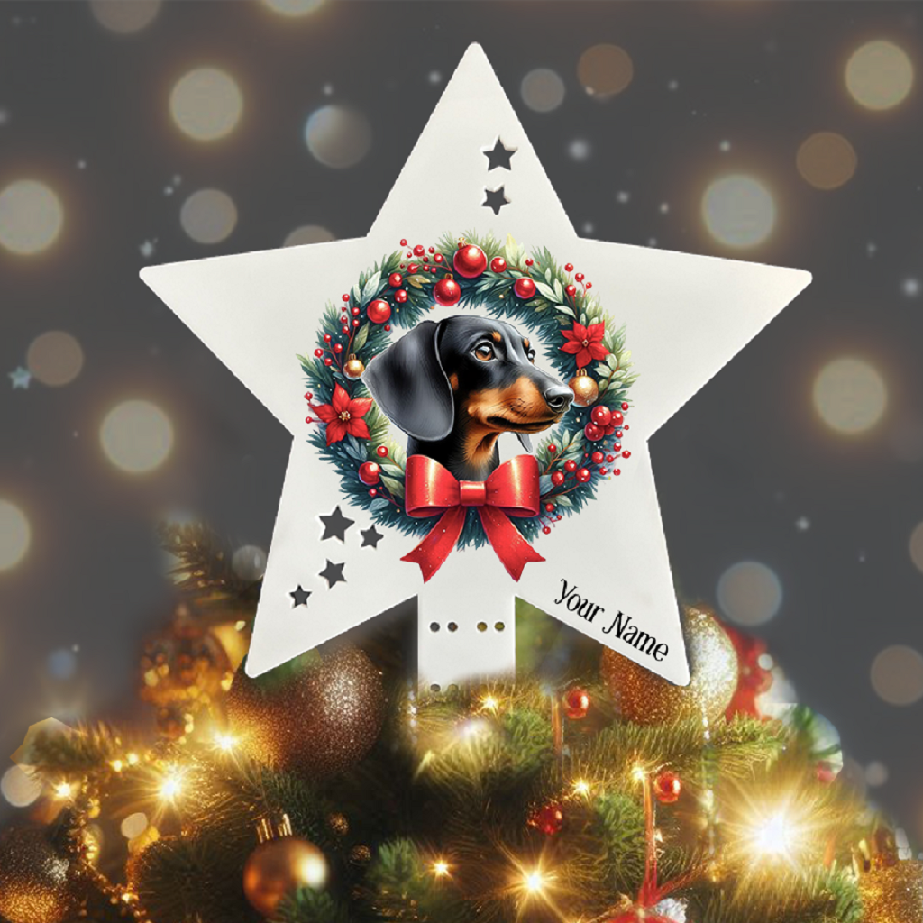 Personalised Pet Dog Black and Tan Dachshund wreath Christmas Tree Topper - Keepsake Gift, by Floppsie Moppsie – floppsiemoppsie at floppsiemoppsie.co.uk