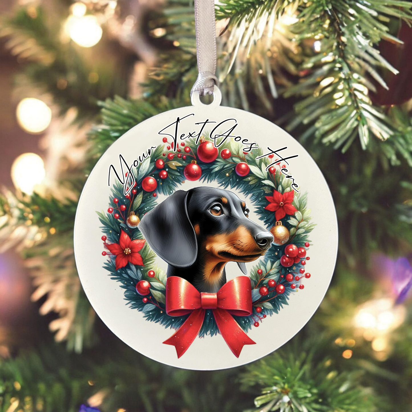 Personalised Black and Tan Dachshund Dog Christmas Wreath - Hanging Bauble Decoration