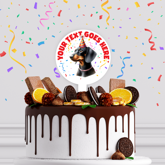 Personalised Dog Party Hat Cake Topper - Black and Tan Dachshund