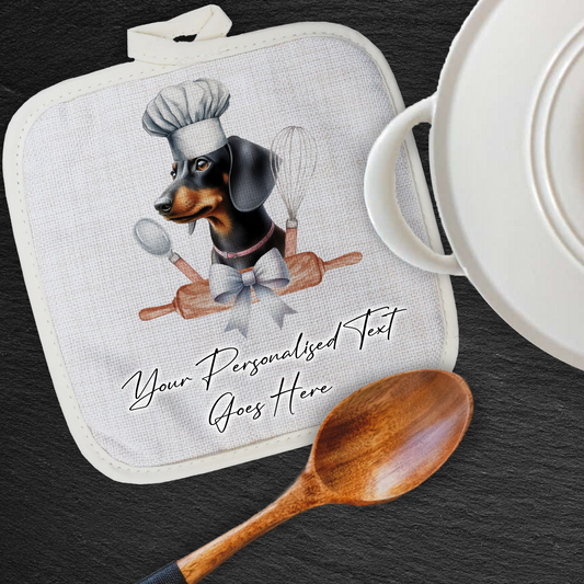 Personalised Dog In Chef Hat Gift Pot Holder / Grab - Black and Tan Dachshund