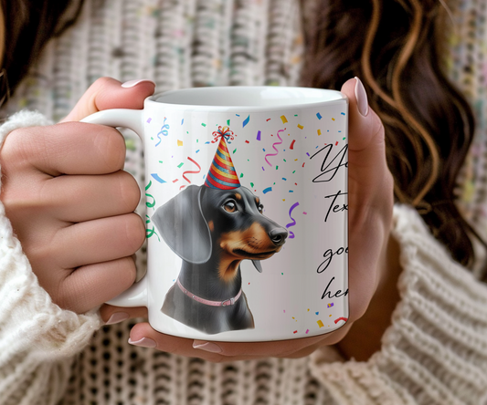 Personalised Dog Gift Mug - Black and Tan Dachshund with Birthday Congratulations Party Hat