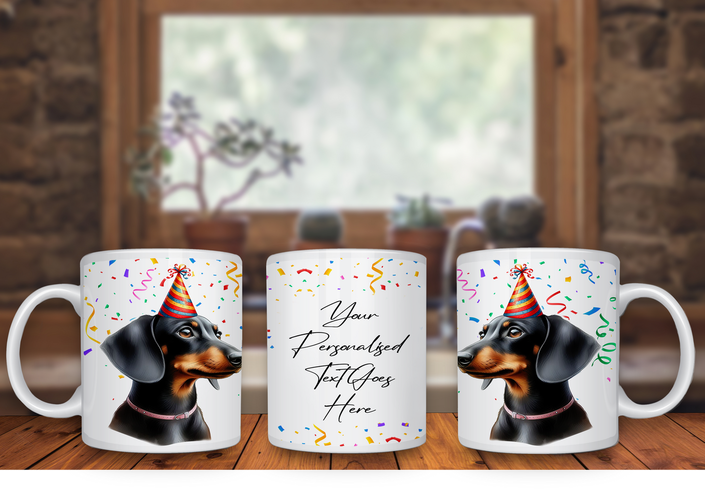 Personalised Dog Gift Mug - Black and Tan Dachshund with Birthday Congratulations Party Hat