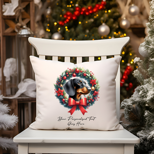 Personalised Black and Tan Dachshund in a Christmas wreath - Keepsake Gift cushion, by Floppsie Moppsie – floppsiemoppsie at floppsiemoppsie.co.uk