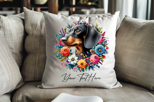 Personalised Floral Summer Pet Dog Wreath with Black and Tan Dachshund - Keepsake Gift Cushion, by Floppsie Moppsie – floppsiemoppsie at floppsiemoppsie.co.uk