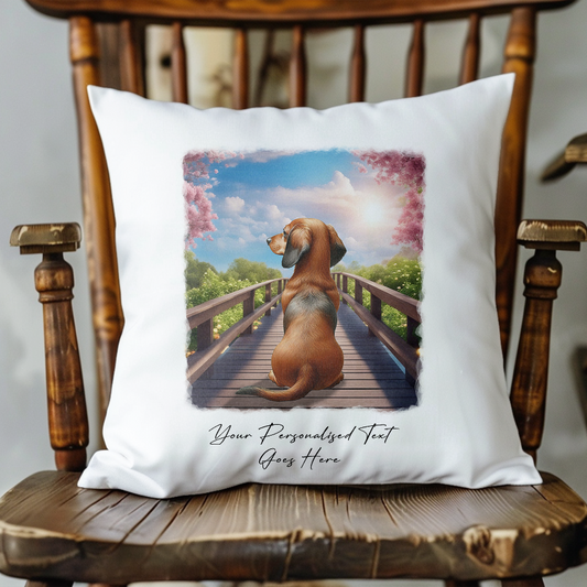 Personalised Dachshund – Looking out across a Bridge Pet Gift Cushion, by Floppsie Moppsie – floppsiemoppsie at floppsiemoppsie.co.uk