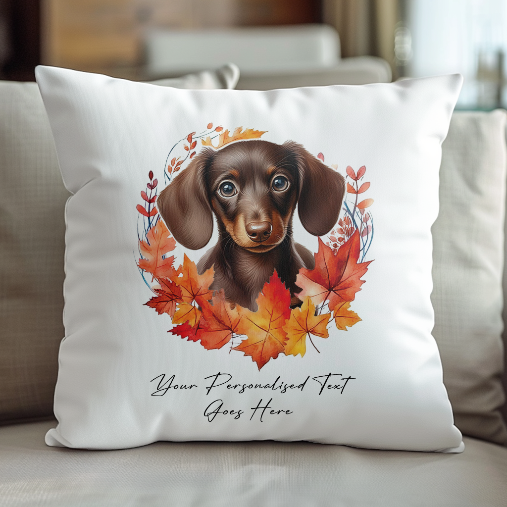 Personalised Chocolate Dachshund in an Autumn wreath - Keepsake Gift cushion, by Floppsie Moppsie – floppsiemoppsie at floppsiemoppsie.co.uk