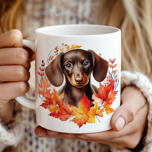 Personalised Chocolate Dachshund in an Autumn wreath - Keepsake Mug, ideal gift for Birthday and Christmas Gift, by Floppsie Moppsie – floppsiemoppsie at floppsiemoppsie.co.uk