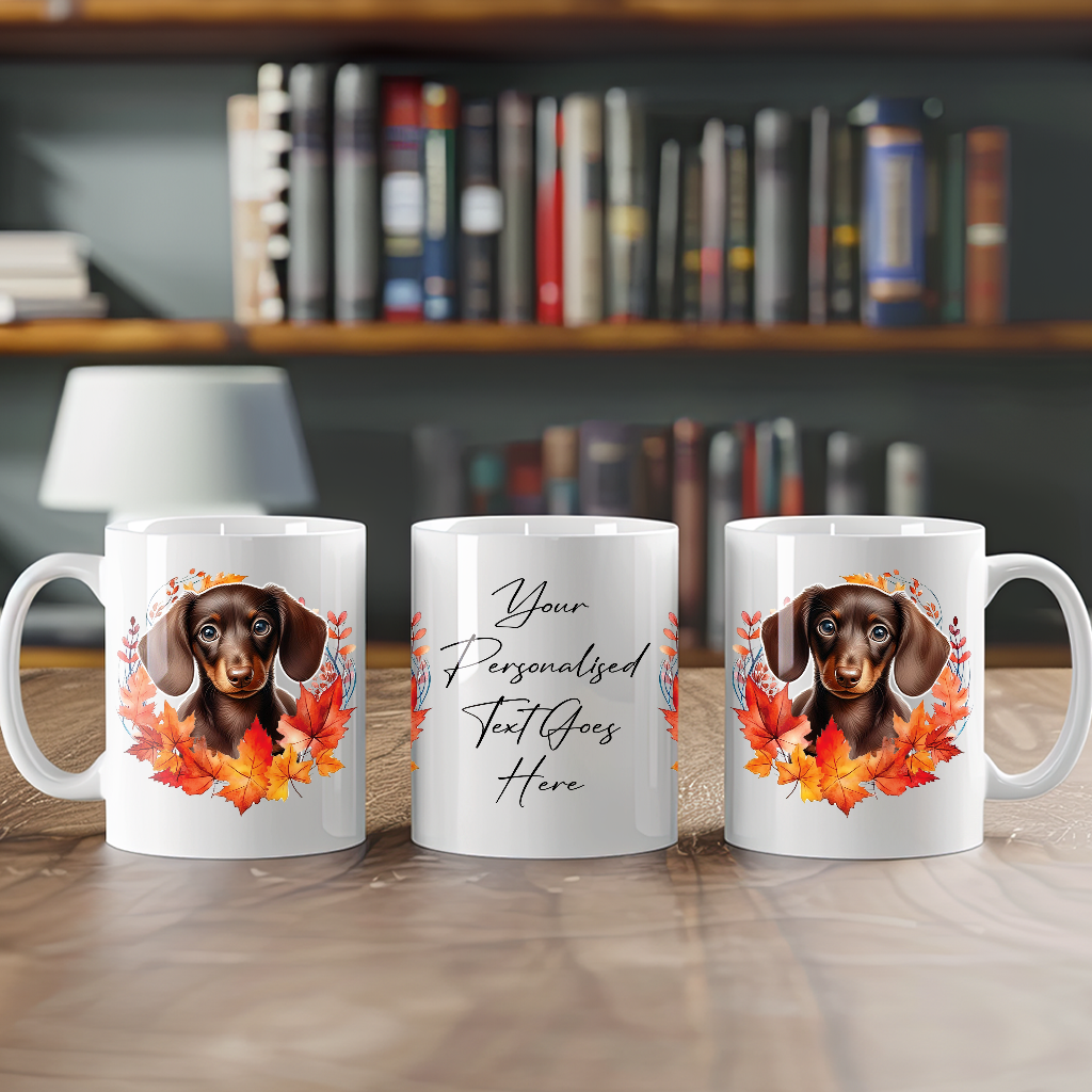 Personalised Chocolate Dachshund in an Autumn wreath - Keepsake Mug, ideal gift for Birthday and Christmas Gift, by Floppsie Moppsie – floppsiemoppsie at floppsiemoppsie.co.uk