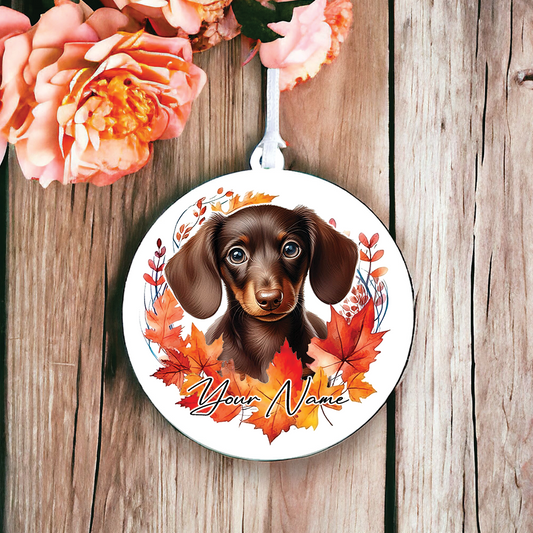 Personalised Dog Chocolate Dachshund in an autumn wreath - Keepsake Gift Hanging Decoration, by Floppsie Moppsie – floppsiemoppsie at floppsiemoppsie.co.uk