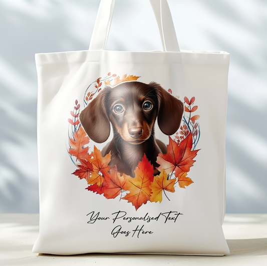 Personalised Dog Autumn Wreath Chocolate Dachshund Tote Bag