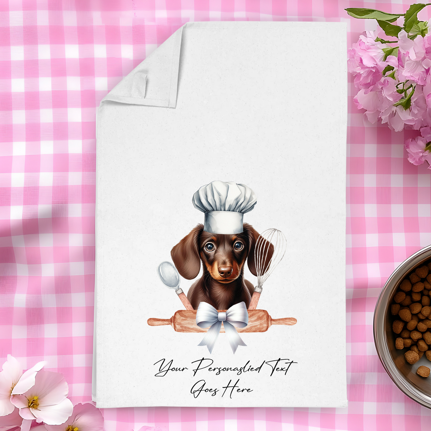 Personalised Dog In Chef Hat Gift Tea Towel - Chocolate Dachshund