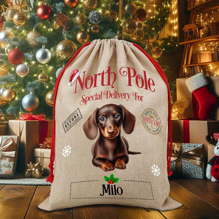 Personalised Dog Chocolate Dachshund – North Pole Special Delivery Santa Sack Pet Gift, by Floppsie Moppsie – floppsiemoppsie at floppsiemoppsie.co.uk