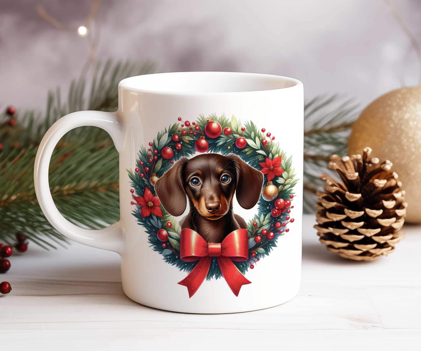 Personalised Chocolate Dachshund Dog Christmas Wreath Gift Mug