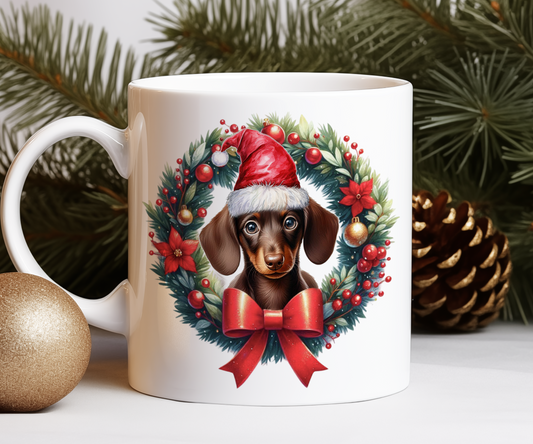 Personalised Chocolate Dachshund Dog Christmas Wreath Gift Mug