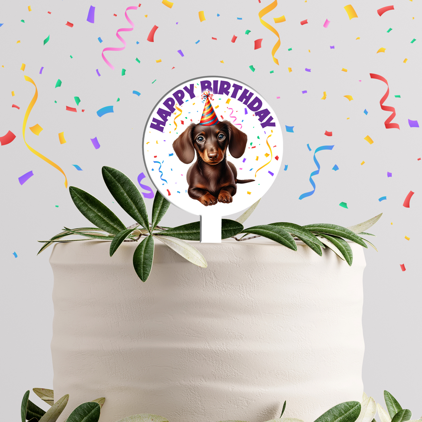 Personalised Dog Party Hat Cake Topper - Chocolate Dachshund