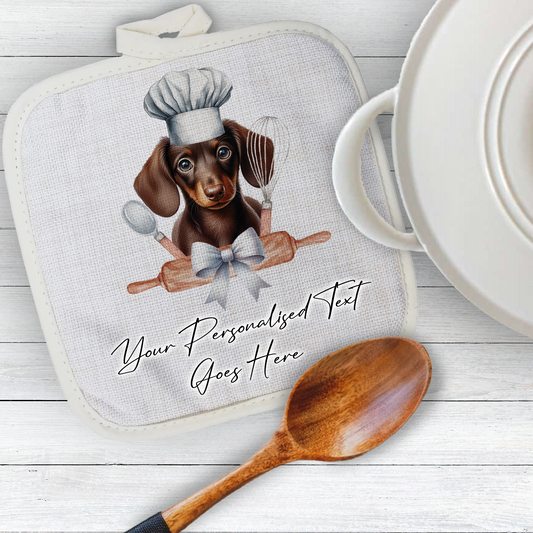 Personalised Dog In Chef Hat Gift Pot Holder / Grab - Chocolate Dachshund