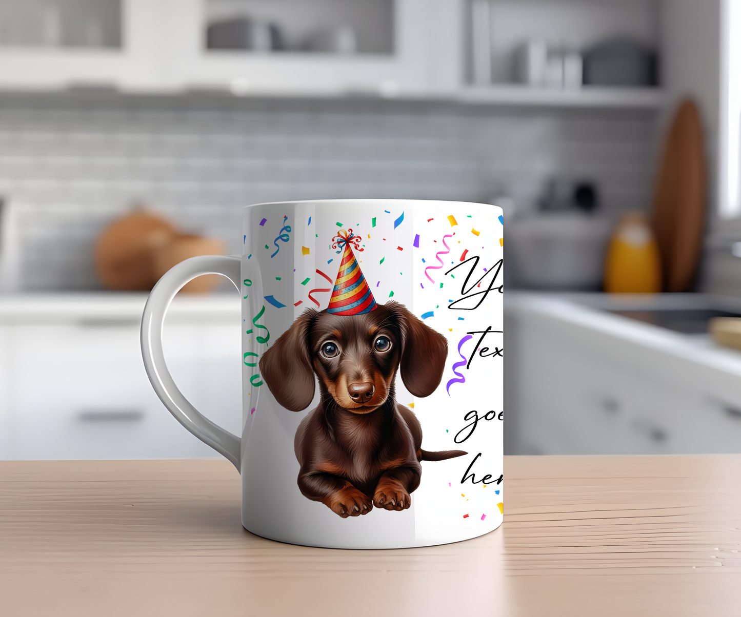 Personalised Dog Gift Mug - Chocolate Dachshund with Birthday Congratulations Party Hat