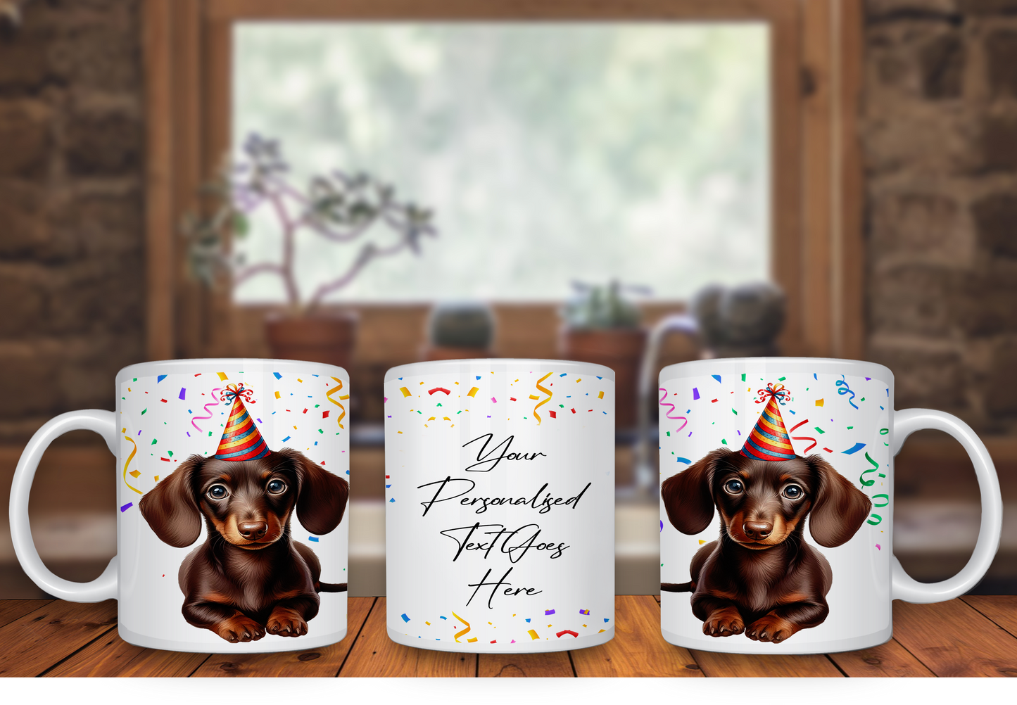 Personalised Dog Gift Mug - Chocolate Dachshund with Birthday Congratulations Party Hat