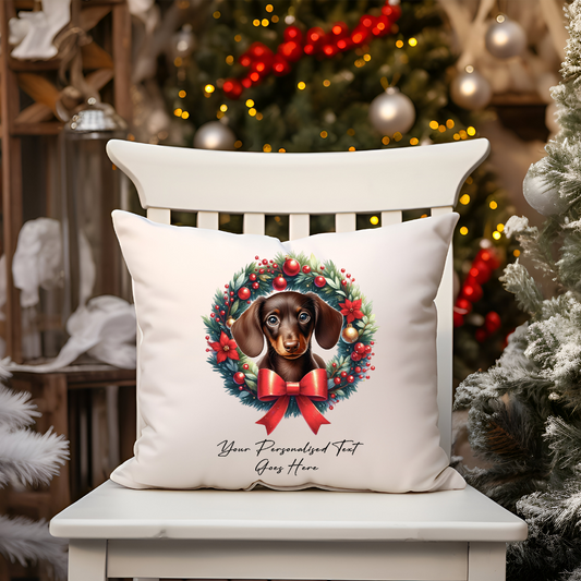 Personalised Chocolate Dachshund in a Christmas wreath - Keepsake Gift cushion, by Floppsie Moppsie – floppsiemoppsie at floppsiemoppsie.co.uk