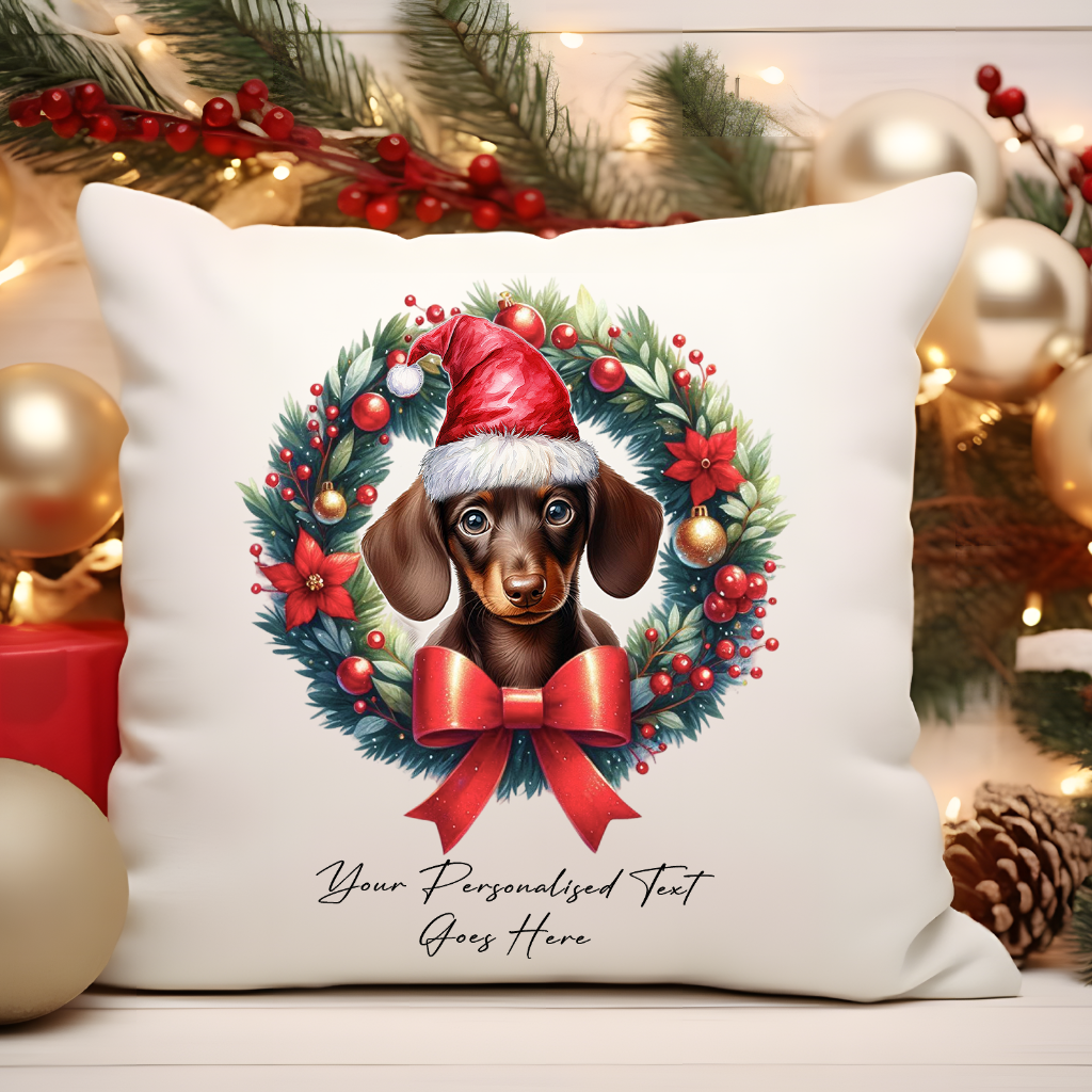 Personalised Chocolate Dachshund with Santa Hat in a Christmas wreath - Keepsake Gift cushion, by Floppsie Moppsie – floppsiemoppsie at floppsiemoppsie.co.uk