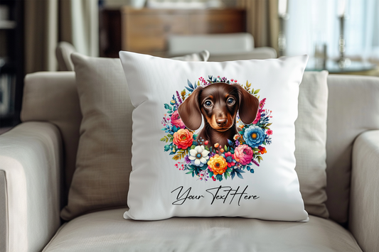 Personalised Floral Summer Pet Dog Wreath with Chocolate Dachshund - Keepsake Gift Cushion, by Floppsie Moppsie – floppsiemoppsie at floppsiemoppsie.co.uk