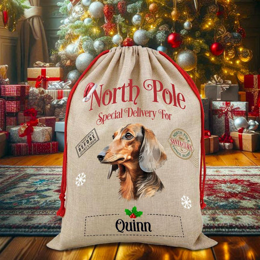 Personalised Dog Dachshund – North Pole Special Delivery Santa Sack Pet Gift, by Floppsie Moppsie – floppsiemoppsie at floppsiemoppsie.co.uk