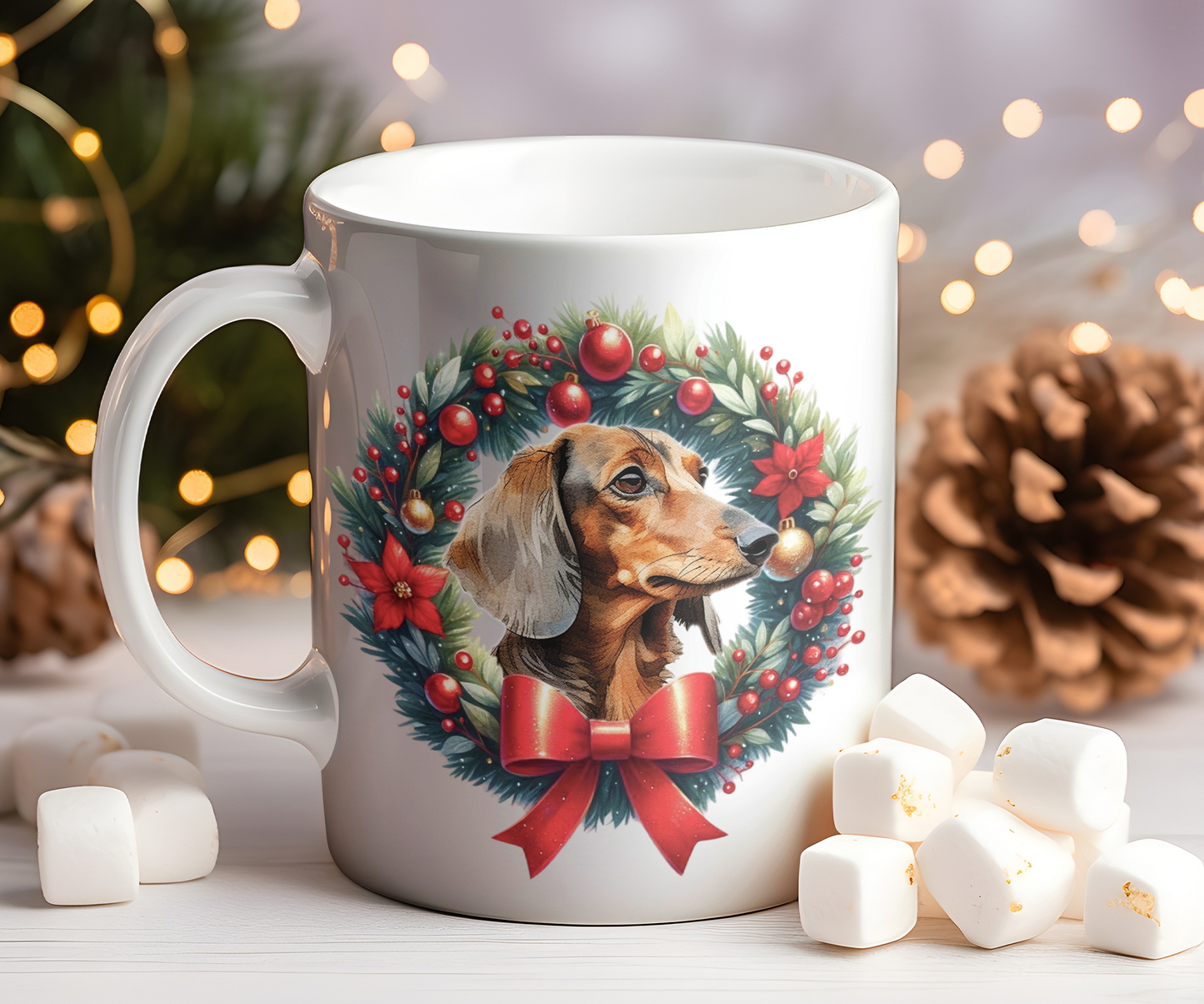 Personalised Dachshund Dog Christmas Wreath Gift Mug