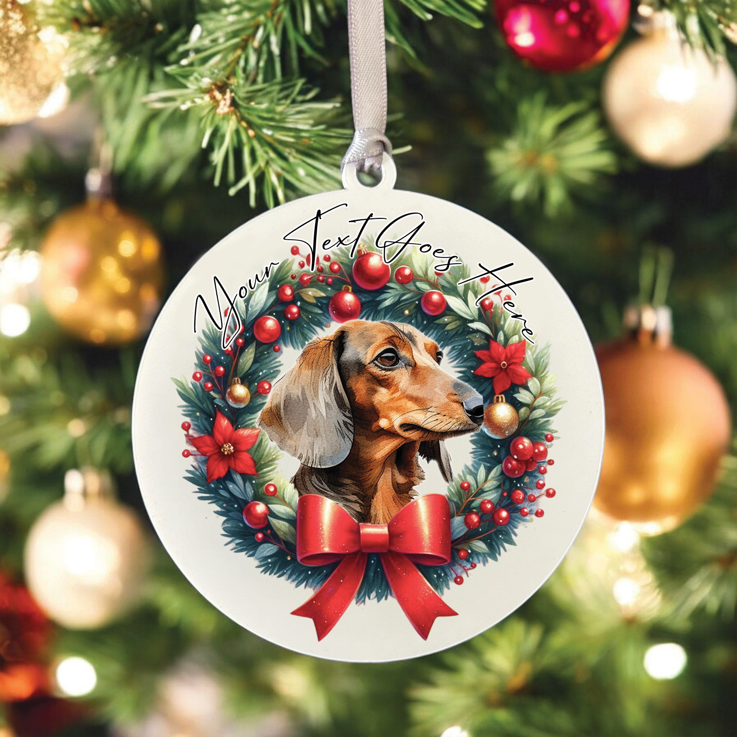 Personalised Dachshund Dog Christmas Wreath - Hanging Bauble Decoration