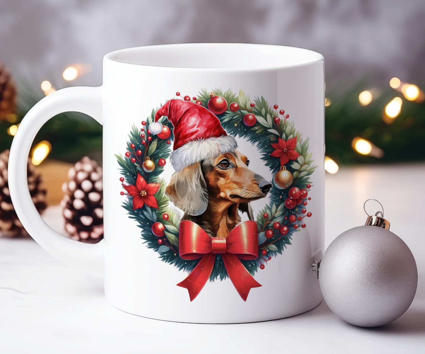 Personalised Dachshund Dog Christmas Wreath Gift Mug