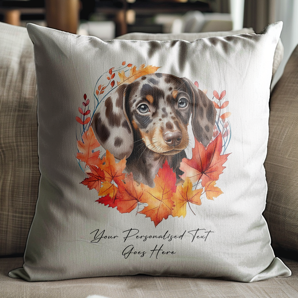 Chocolate Dachshund in Autumn Wreath Personalised Gift Cushion Cover