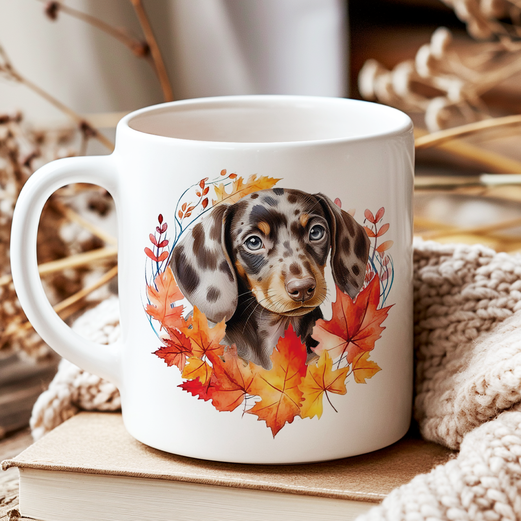 Personalised Dappled Chocolate Dachshund in an Autumn wreath - Keepsake Mug, ideal gift for Birthday and Christmas Gift, by Floppsie Moppsie – floppsiemoppsie at floppsiemoppsie.co.uk