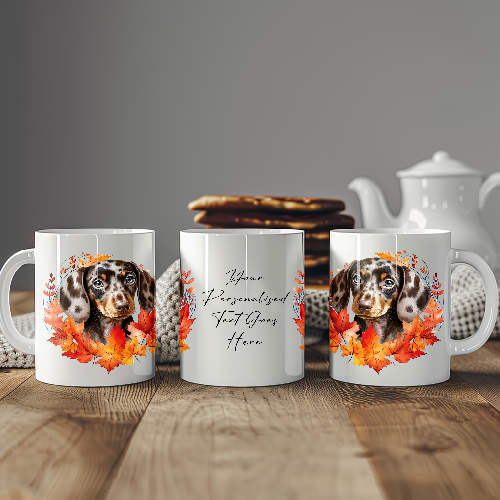 Personalised Dappled Chocolate Dachshund in an Autumn wreath - Keepsake Mug, ideal gift for Birthday and Christmas Gift, by Floppsie Moppsie – floppsiemoppsie at floppsiemoppsie.co.uk