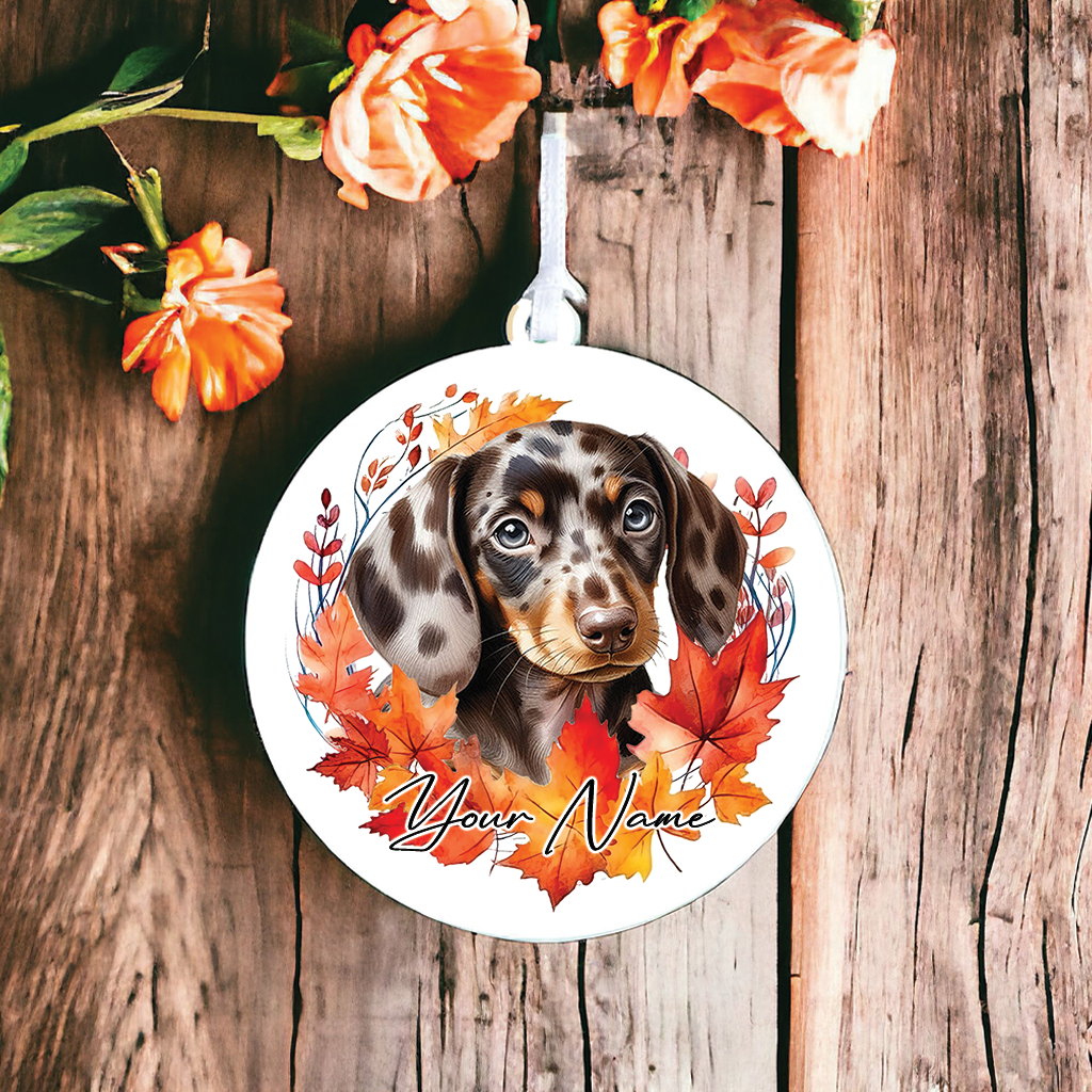 Personalised Dog Dappled Chocolate Dachshund in an autumn wreath - Keepsake Gift Hanging Decoration, by Floppsie Moppsie – floppsiemoppsie at floppsiemoppsie.co.uk