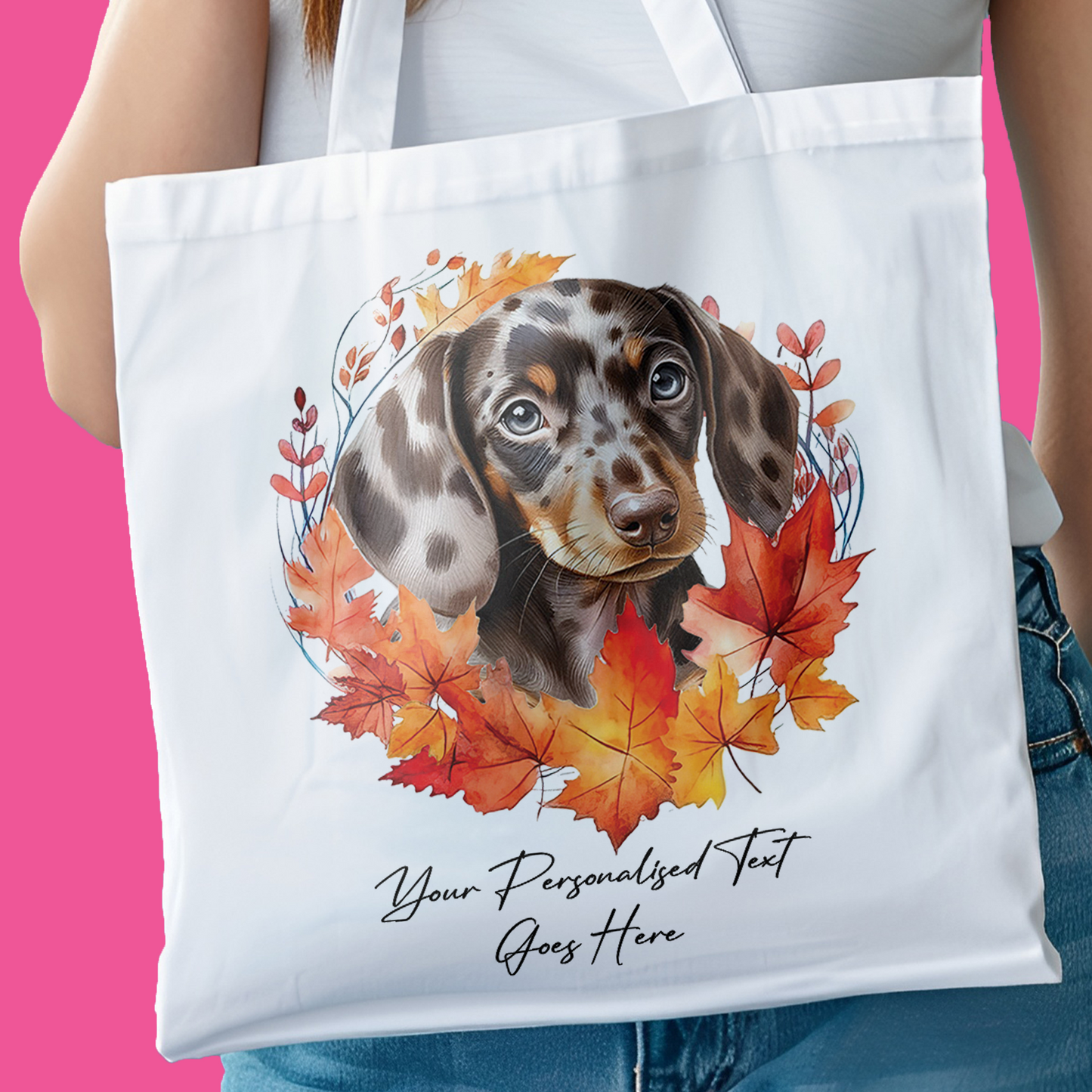 Personalised Dog Autumn Wreath Dappled Chocolate Dachshund Tote Bag