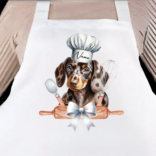 Personalised Pet Chef Dog - Dappled Chocolate Dachshund - Keepsake Gift Kitchen Baking Cooking Apron, by Floppsie Moppsie – floppsiemoppsie at floppsiemoppsie.co.uk